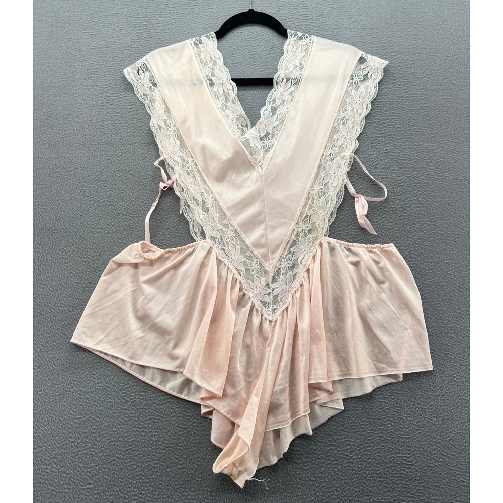 VTG Pink Satin Lace Trim Teddy Bodysuit Open Side Ribbon Tie Ruffle Flutter Hem